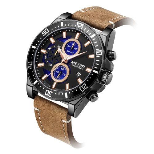 Montre à Quartz pour hommes MEGIR montre-bracelet chronographe analogique avec calendrier 3ATM cadran lumineux étanche montre décontractée avec bracelet en cuir