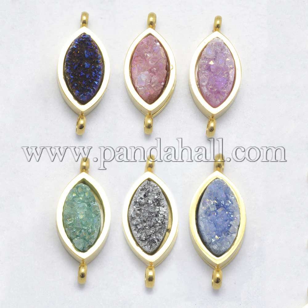 Natural Druzy Quartz Links/Connectors, with 316 Stainless Steel Findings, Long-Lasting Plated, Horse Eye, Golden, Mixed Color, 18.5x8x5~6mm, Hole: 1.5mm