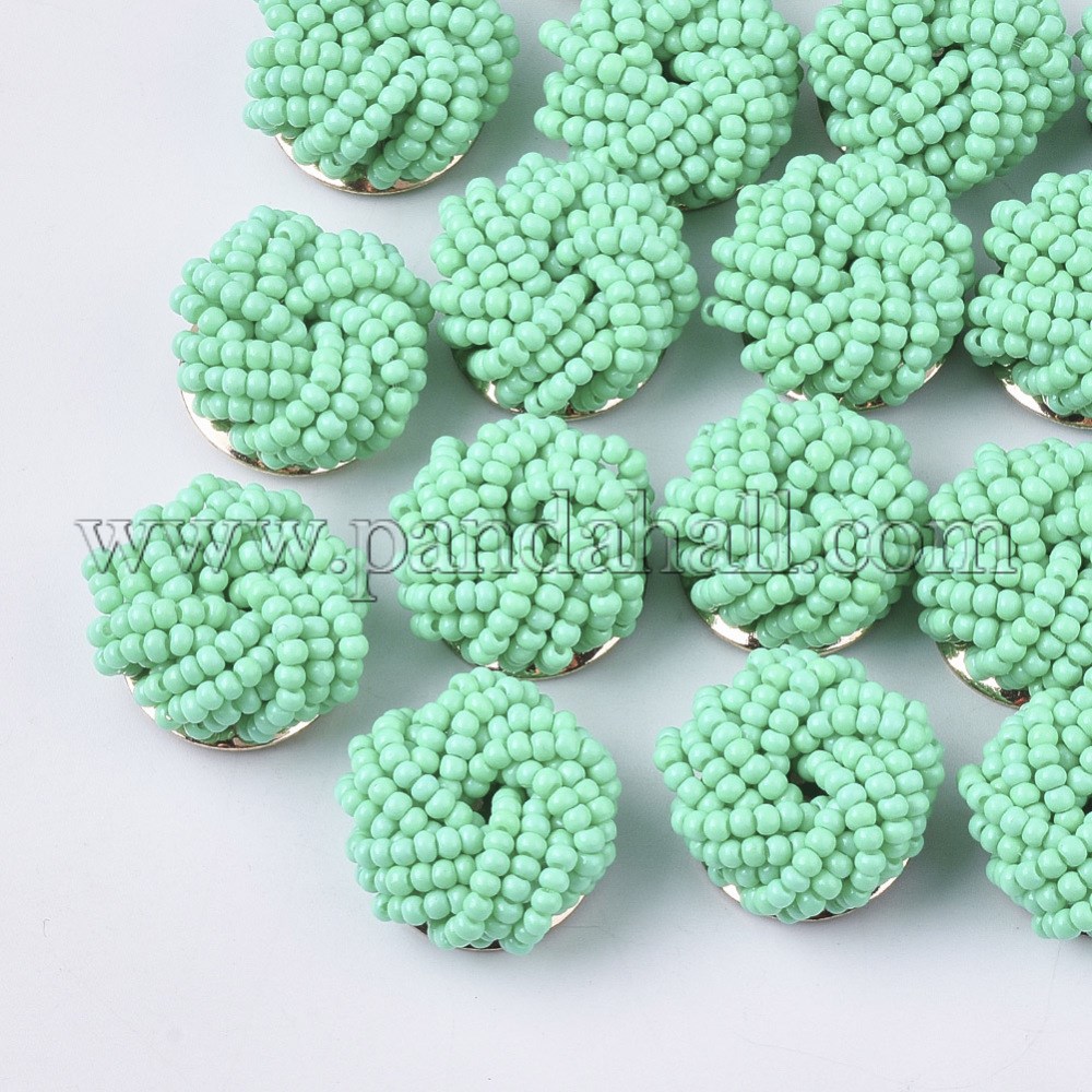 Glass Seed Beads Cabochons, Cluster Beads, with Golden Plated Iron Perforated Disc Settings, Flower, Aquamarine, 19~20x10~12mm