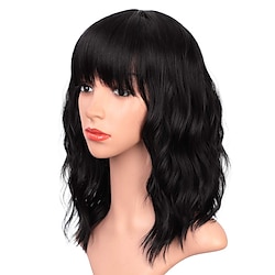 Black Wigs with Bangs for Women 14 Inches Synthetic Curly Bob Wig for Girl Natural Looking Wavy Wigs Lightinthebox