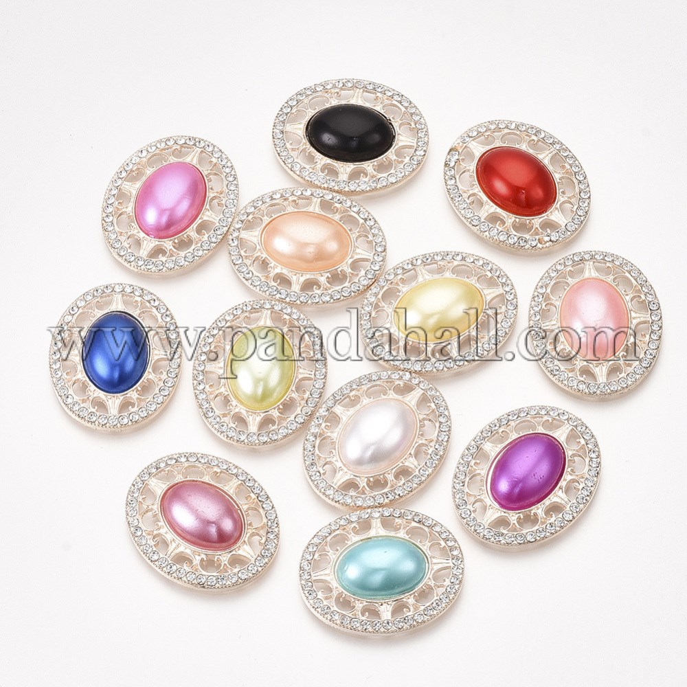 Alloy Rhinestone Cabochons, with ABS Plastic Imitation Pearl, Oval, Light Gold, Mixed Color, 32x26.5x7mm